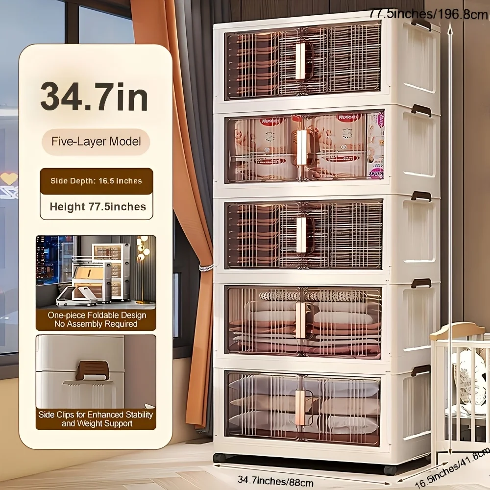 

1/3/4/5-Tier 34.7" Extra-Large Folding Storage Trunks with Lids, Stackable Plastic Bins on Wheels, Collapsible Organizer for Cl