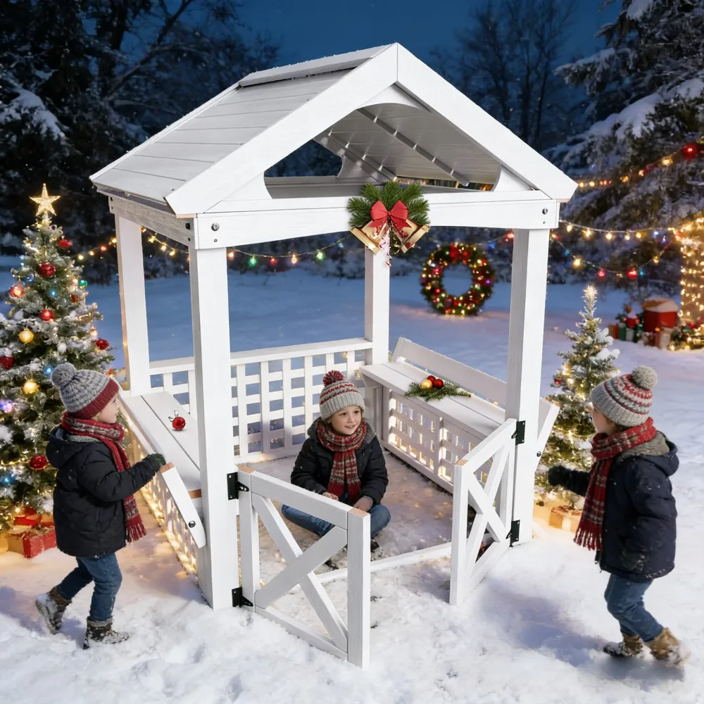 

Modern Outdoor Wooden Playhouse for Children Waterproof Design with Comfortable Bench and Attractive Door for Christmas Day