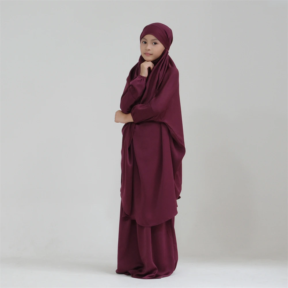 2Pcs Muslim Kids Girls Overhead Hijab Dress Abaya Set Islamic Child Ramadan Prayer Burka Arab Khimar Headscarf Skirt Niqab Suit image 3