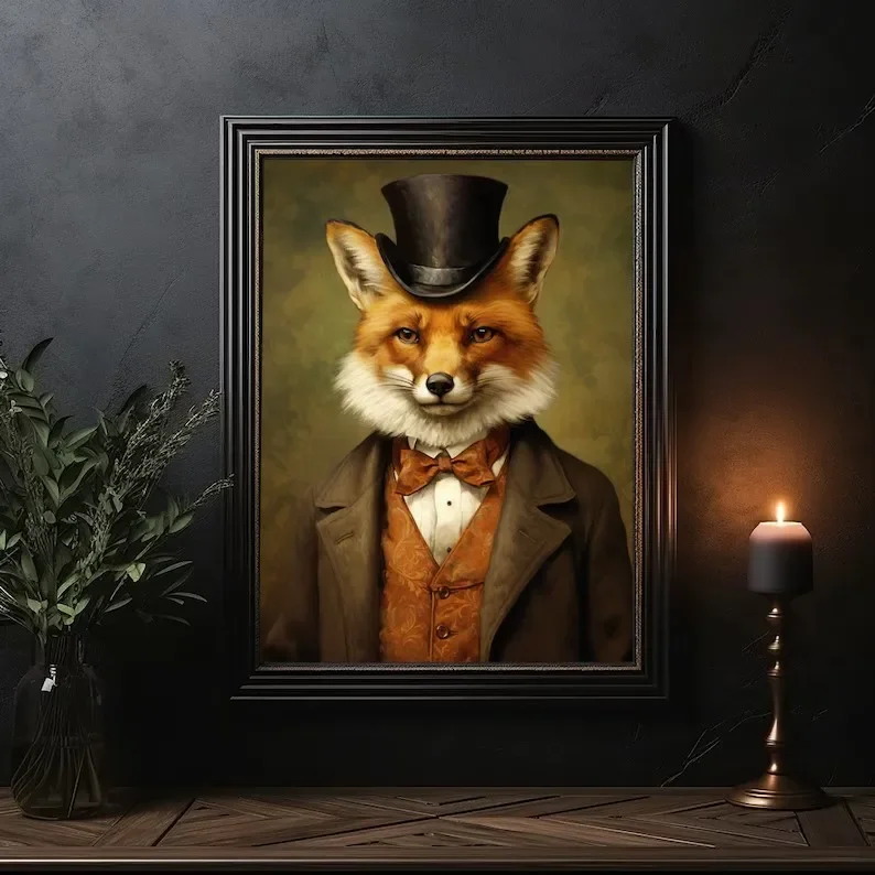 1PC frameless decorative art print,Vintage Renaissance Animal Portrait Gothic Fox Stag Black Cat Human Body Funny Poster Canvas