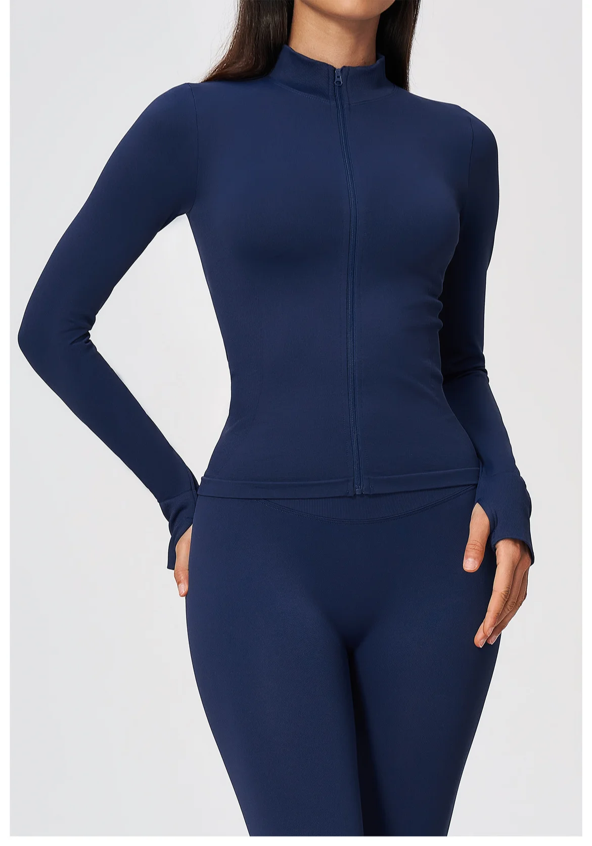 Women's Seamless Long Sleeve Yoga Top Ribbed High Neck Full Zip Slim Fit Sports Jacket Thumb Hole Workout Gym Running Activewear