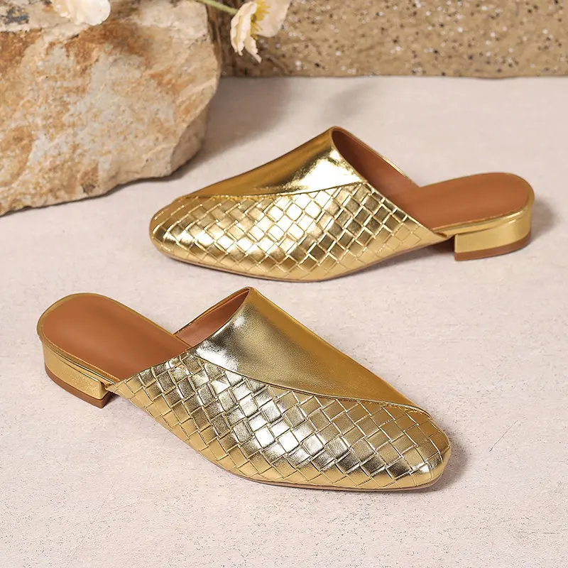 Shimmery Metallic Gold Silver Closed Toe Women Summer Slides Sandals Square Low Heels Slip-on Casual Mules Slippers Big Size 45