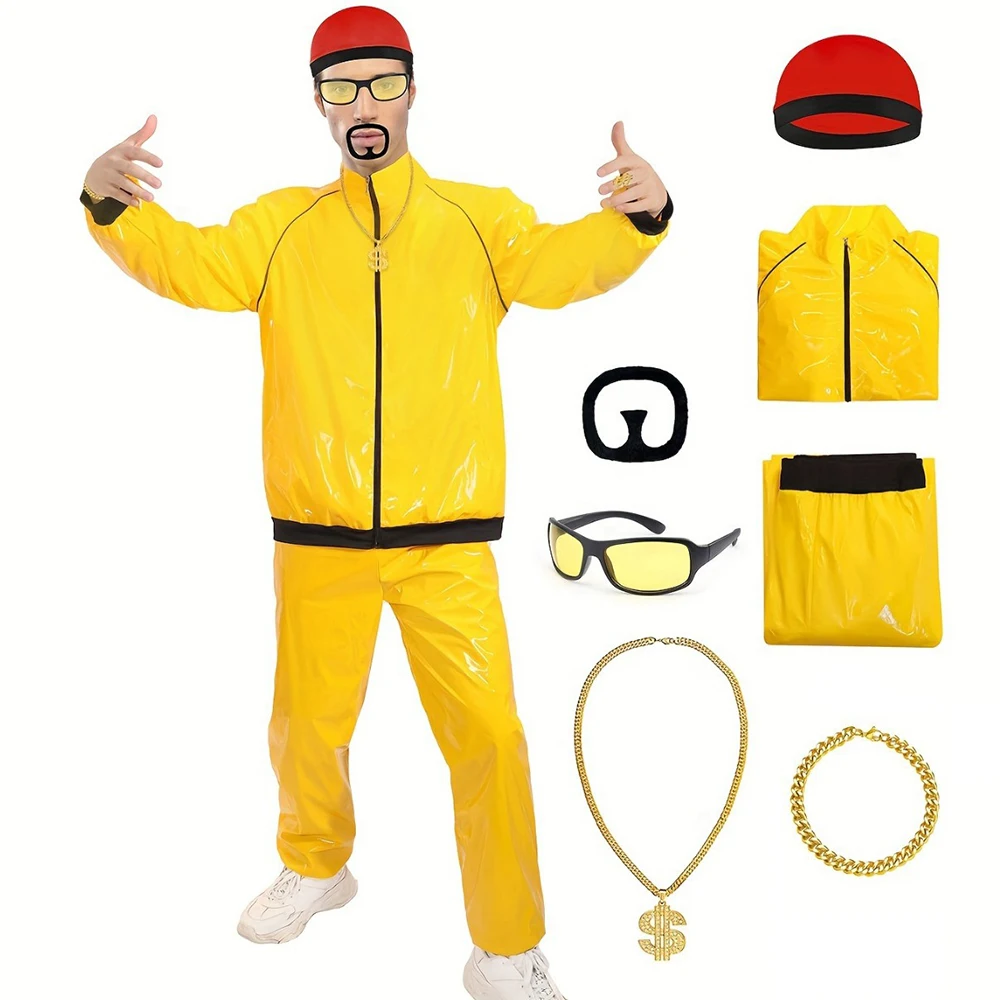 Disco-Hippie-Cosplay-Kostüm 70er 80er Retro Hip-Hop Windbreaker Gelber Trainingsanzug Jacke Hose Hut Halloween Karneval Neuheiten-Anzug