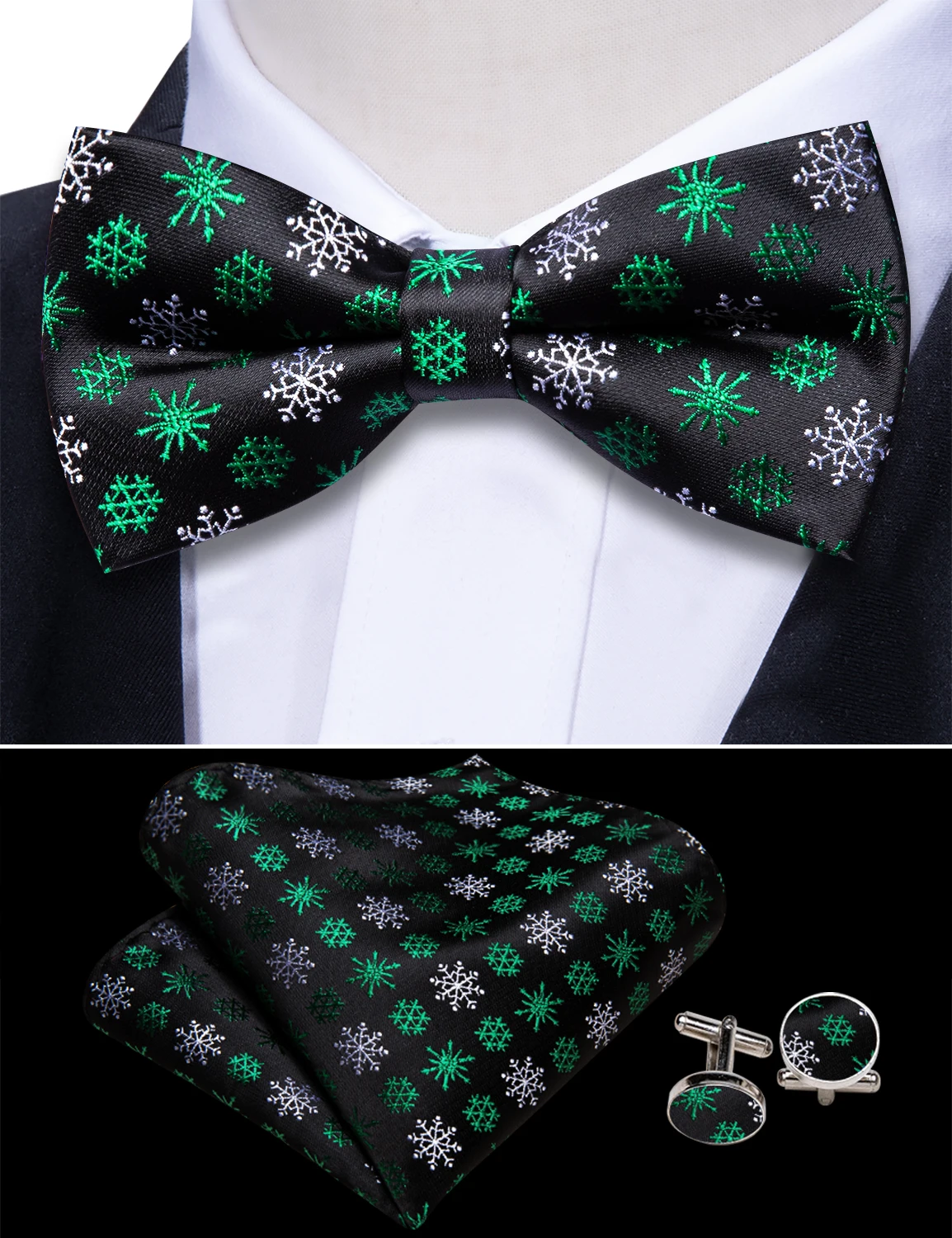 Christams Green Silk Men Cummerbund Exquisite Jacquard Bowtie Pocket Square gemelli set Party Designer Gifts Barry.Wang 1057