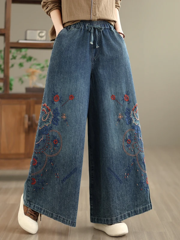 

Elegant Wide Leg Embroidered Denim Jeans for Women Spring Summer New Style Ethnic Heavy Work Loose Belted Straight Leg Trousers