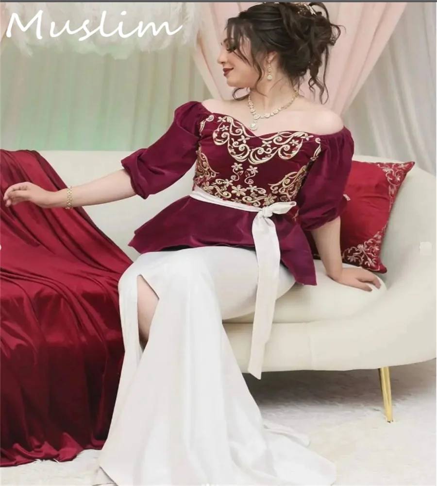 Vintage Karakou Algerian Prom Dress Contrast Color Wine With White Elegant Evening Dress Slit Formal Birthday Arabic Customized