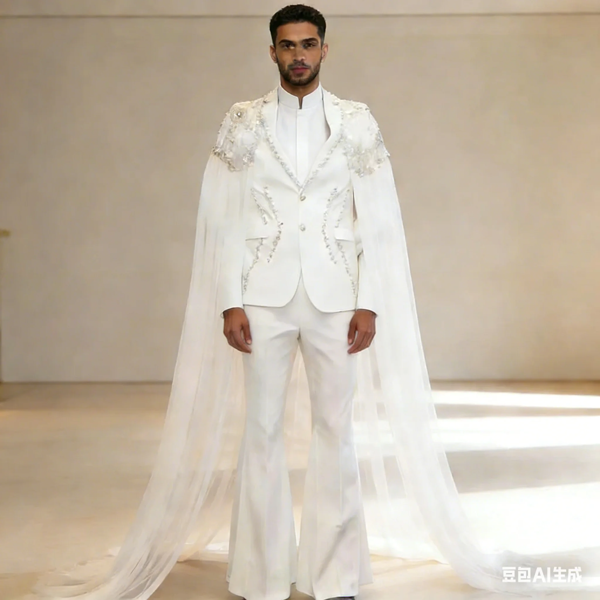 Luxury Beaded Tulle Cape Men Wedding Tuxedo Suits 2 Pieces Customized Tailored Groom Suits Prom Party Suits Male Clothing