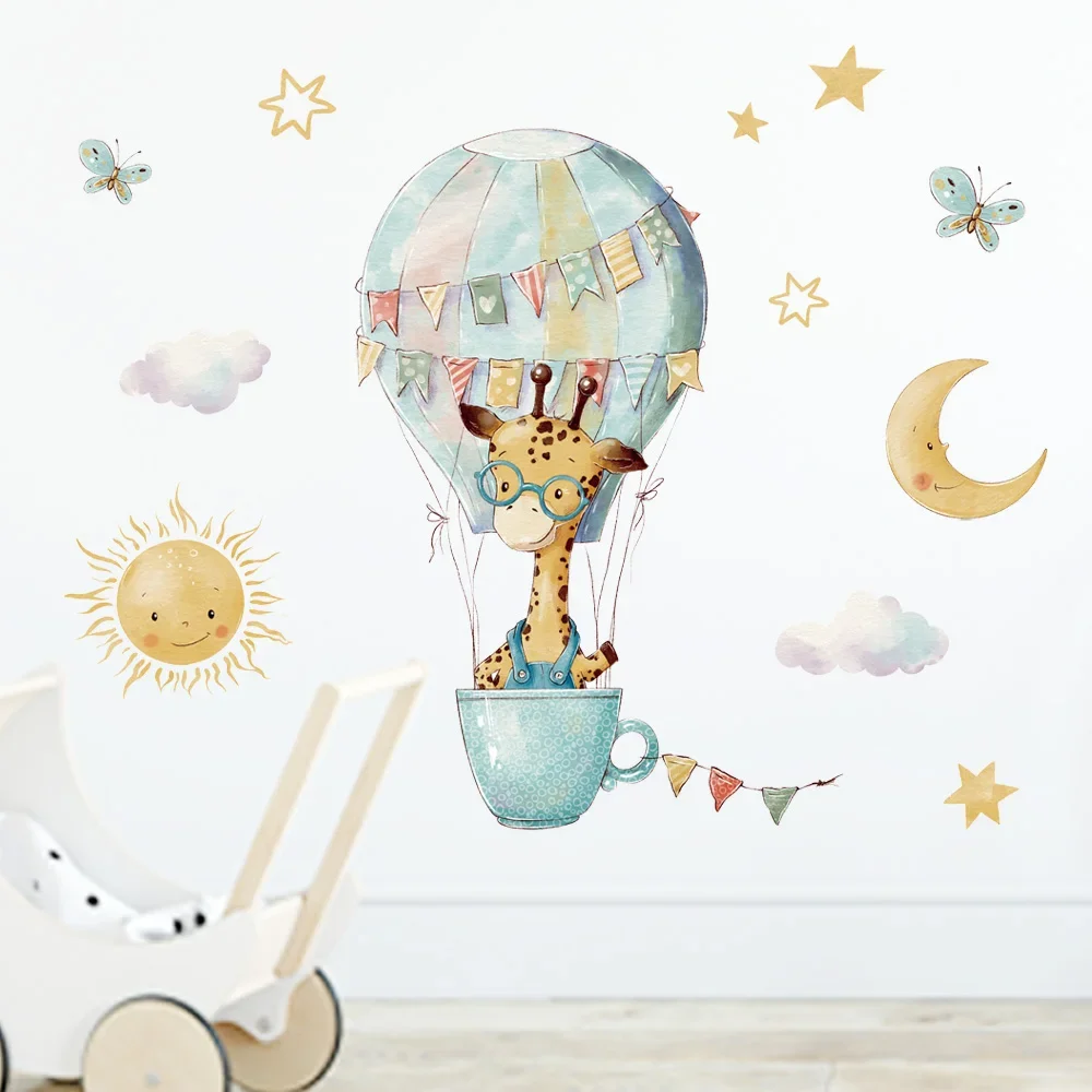 Cartoon Animals Cup Hot air Balloon Wall Stickers for Kids Baby Room Nursery Decor Removable PVC Decal Bathroom Window DIY Mural