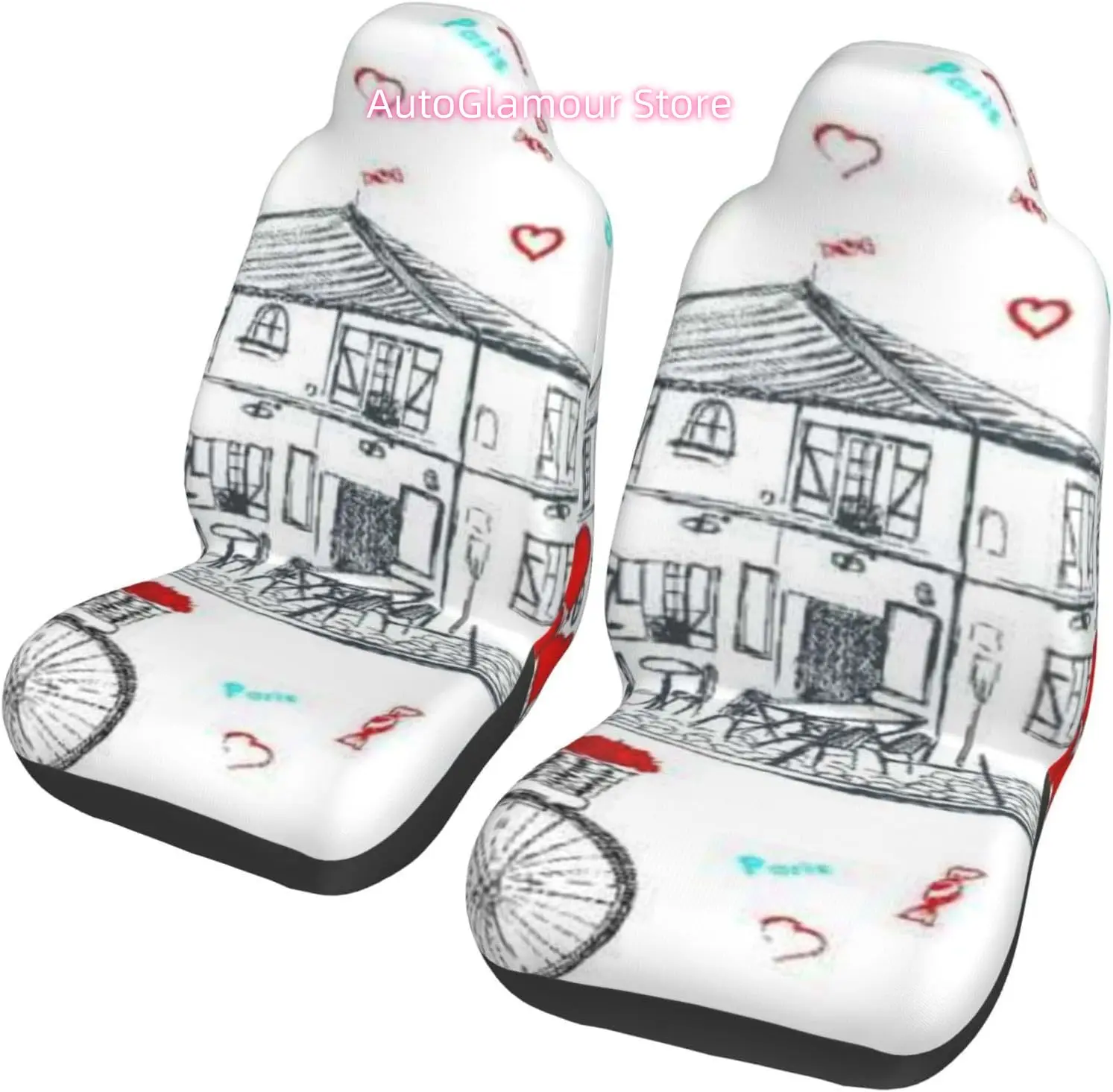 Set of Hand Drawn French Icons Paris Sketch Universal Car Seat Covers 2-Piece Set - Stretch-to-Fit Front Seat Protectors for Car
