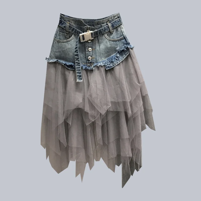 Rok Renda Tambal Sulam Jaring Denim Wanita Baru Rok Chic Gotik Tule Frill Asimetris Pinggang Tinggi