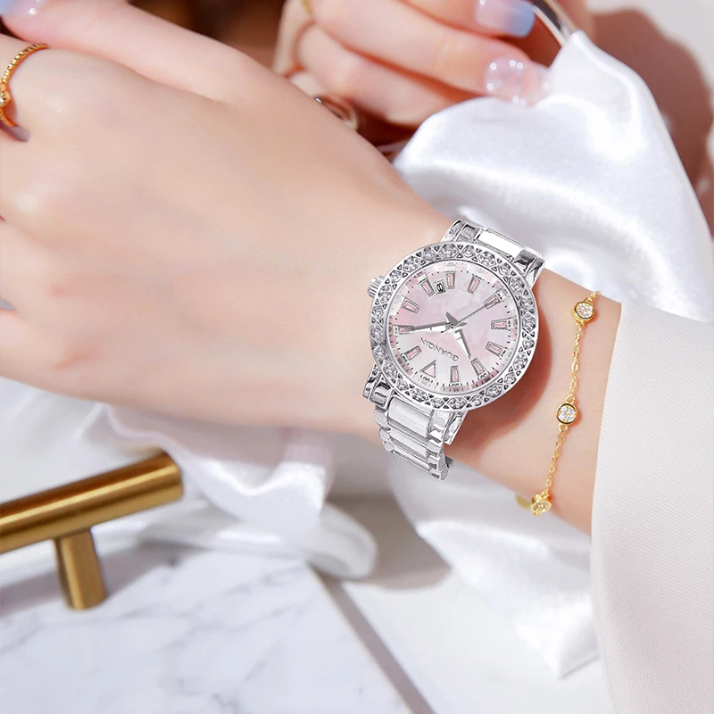 GUANQIN Luxury Quartz Watch for Women Mother-of-Pearl Dial Stainless Steel Case Calendar 30M Waterproof Luminous Lady Watches
