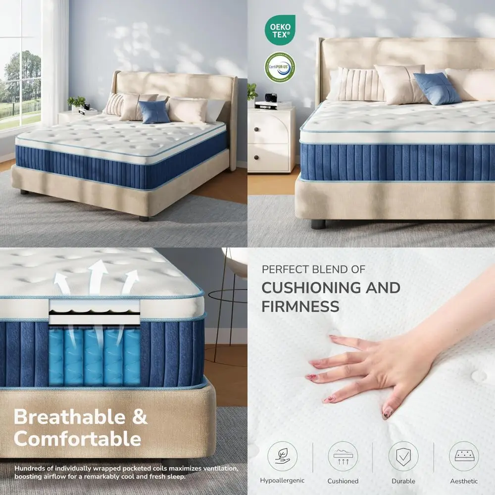 12-дюймовый полноразмерный гибридный матрас средней прочности с сертифицированной безопасной пеной и тканью для охлаждения, изоляции движения и дыхания.