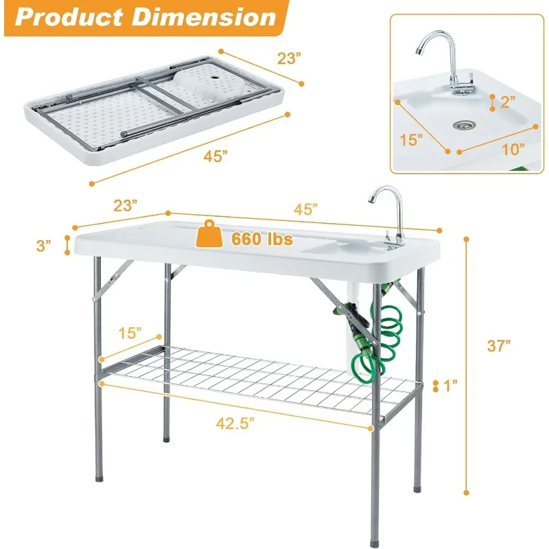 Folding Fish Cleaning Table Portable Camping Sink Table with Faucet Drainage Hose & Sprayer Outdoor Fish Fillet Cleaning