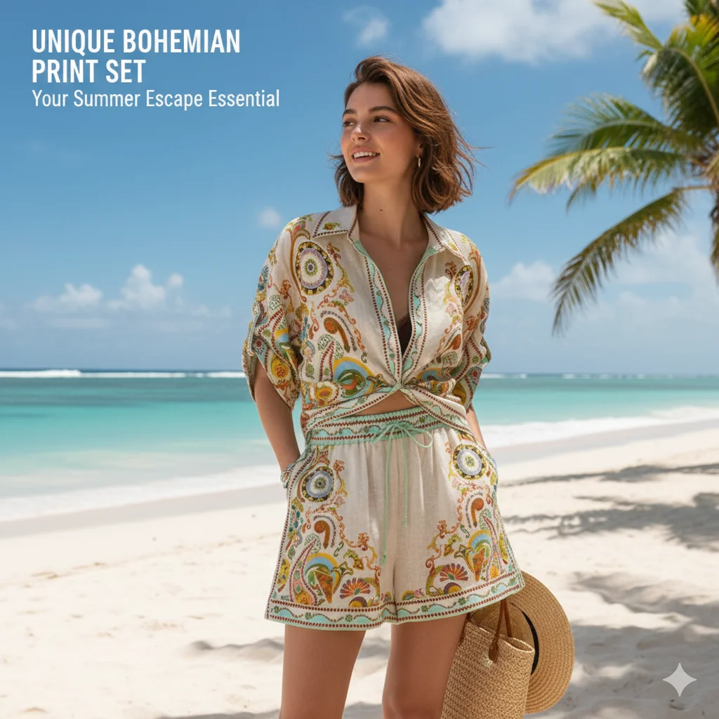 

Printed Shirt And Shorts Set For Women Summer 2025 Two Piece Outfit High Waist Boho Style Vacation Co Ord Casual Beachwear