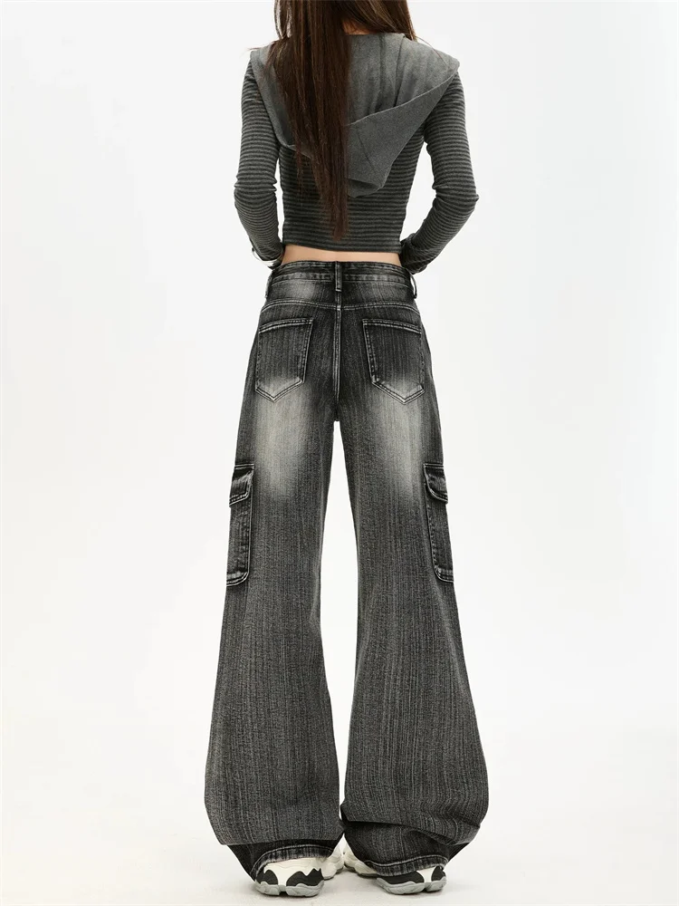 Black Gray Textured Flare Cargo Jeans for Women Autumn Sweetheart New Loose Non Stick Bell Bottoms view 4