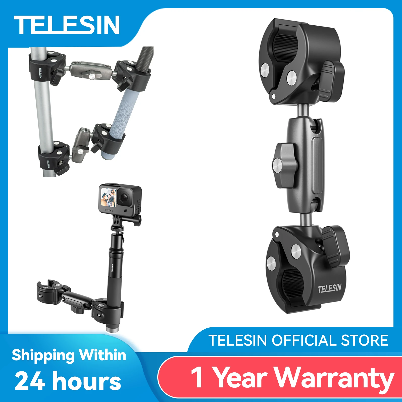 TELESIN Motorcycle Bike Monopod Bicycle Handlebar Panoramic Mount Invisible Selfie Stick Bracket for GoPro Hero DJI Insta360