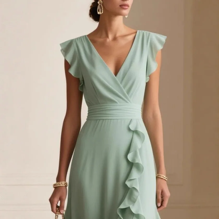 

Однотонное летнее платье-макси с V-образным вырезом, коротким рукавом, завышенной талией и асимметричной юбкой, цельное.