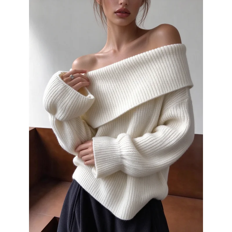 Autumn Women Off‑Shoulder Fold‑Over Collar Knit Sweater, Ruffle Flare Long Sleeve Loose Pullover, Winter Casual Red Knitted Top
