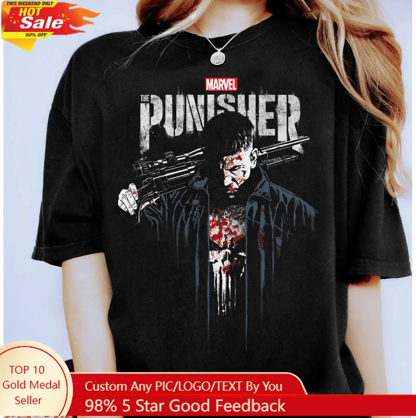 

Marvel 2026 New Marvel Punisher Skull Logo Print Stylish High Quality Unisex Short Sleeve Casual Plus Size T-Shirt