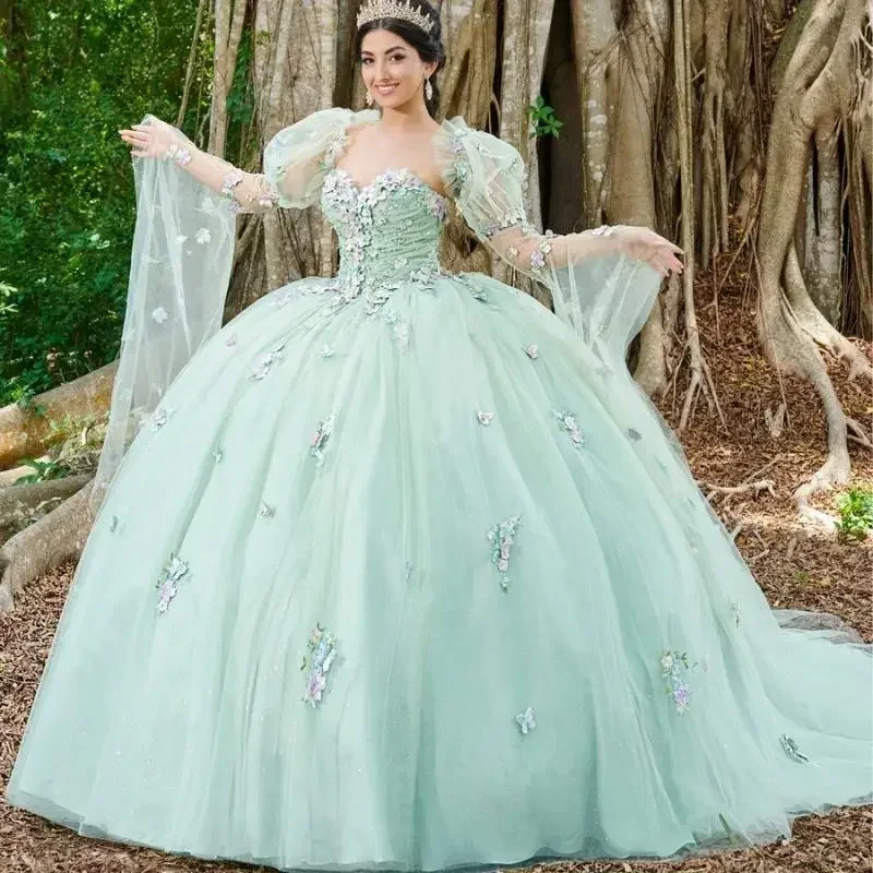 Vintage bunga 3D Mint hijau Quinceanera gaun dengan Cape bola gaun korset pesta putri Vestidos De quinceaorera Custom