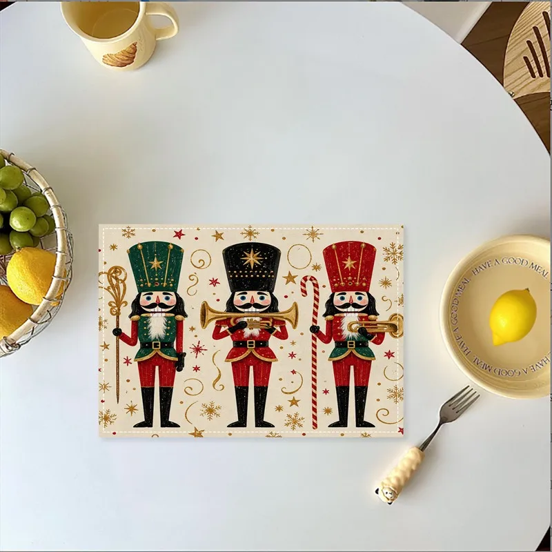 VIKAMA Linen Placemats Nutcracker Snowman Red Green Cream, Stain Resistant Easy to Clean, Dining Table Holiday Decor