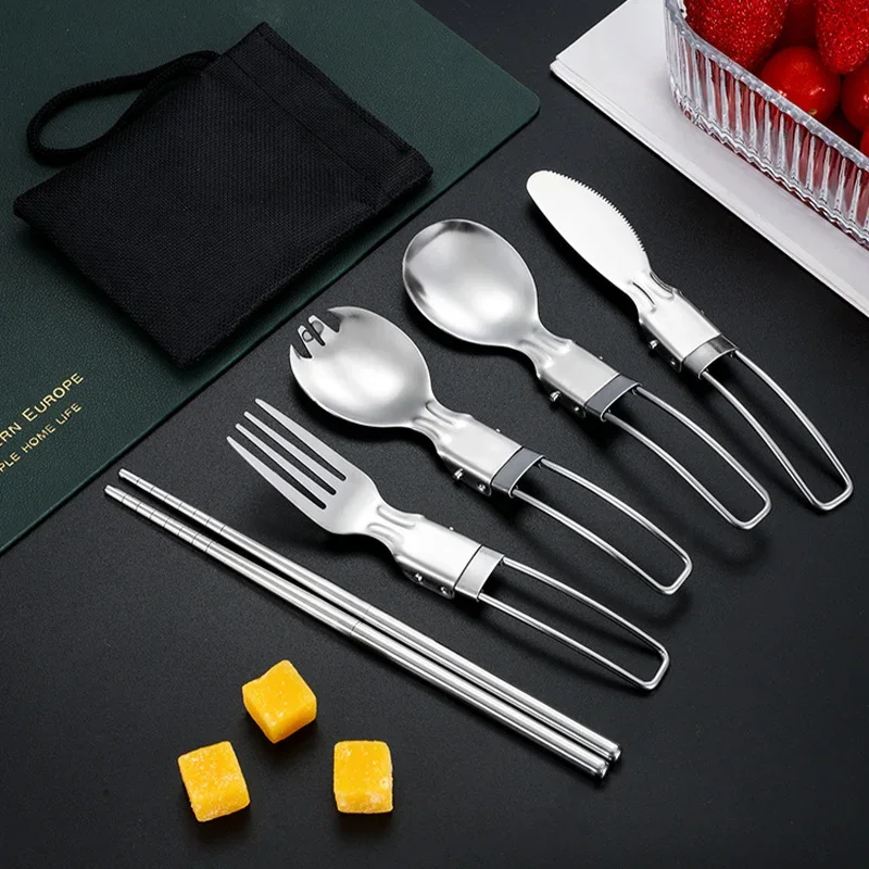 5Pcs/Set Portable Outdoor Camping Tableware Set Stainless Steel Folding Fork Spoon Knife Picnic Survival Flatware Hiking