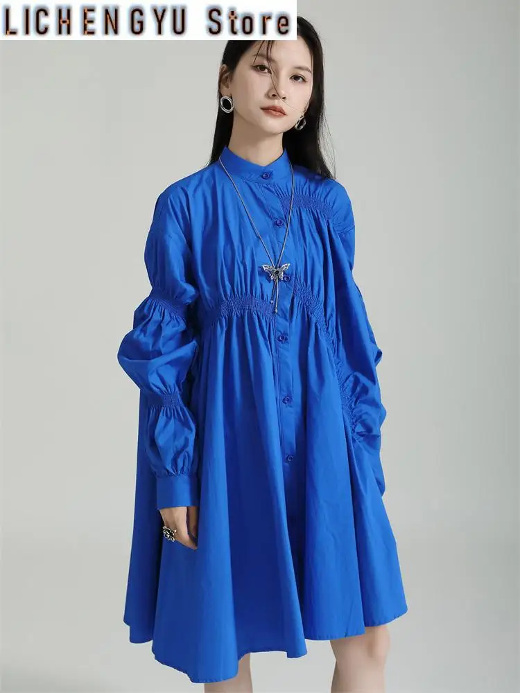 Frauen blau unregelmäßig plissiert großen Saum Hemd Kleid neue Stand Hals Langarm lose Mode Flut Frühling Herbst