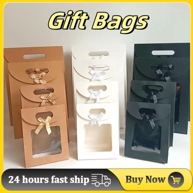 1Pcs Black/White Gift Bags Clear Window Kraft Paper Bag Handle Candy Biscuits Cake Packing Box Eid Mubarak Gift Bag Christmas