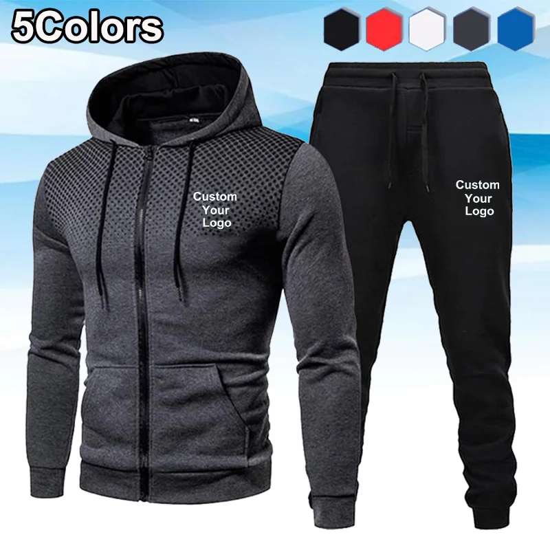 Heren Mode Custom Uw Logo Jas + Sweatpant Tweedelige Sets Heren Casual Sport Trainingspak Met Capuchon Rits Joggingpakken