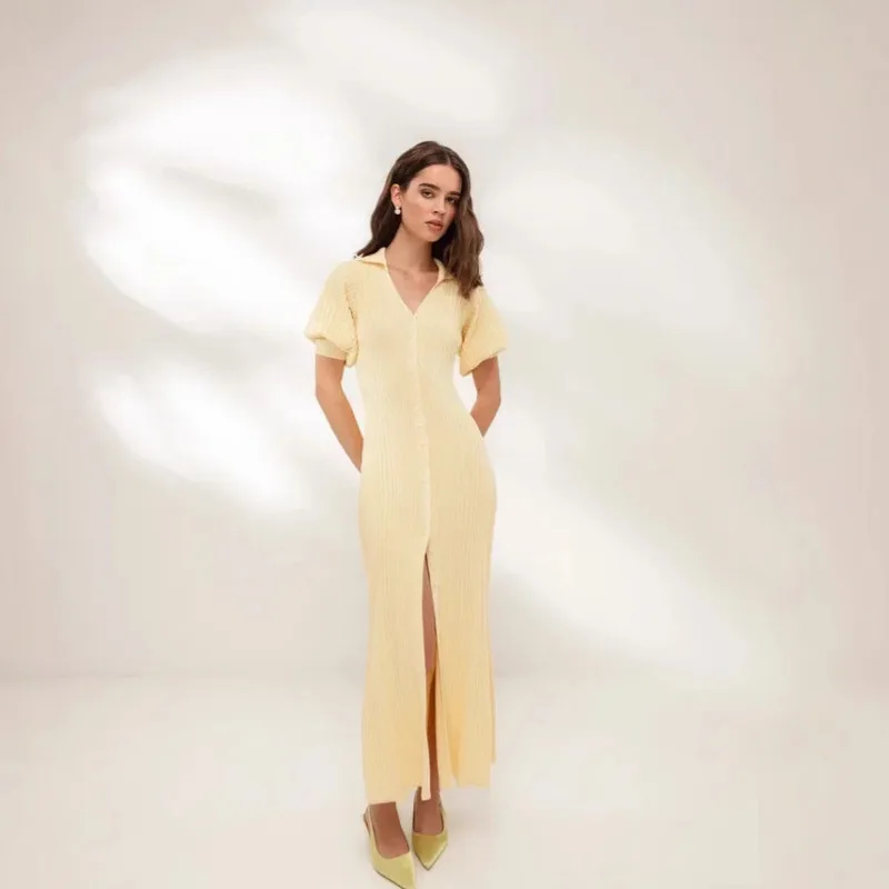 

Elegant Solid Color Long Dress For Women Summer Bubble Short Sleeve V Neck Button Down Cardigan Maxi Dress