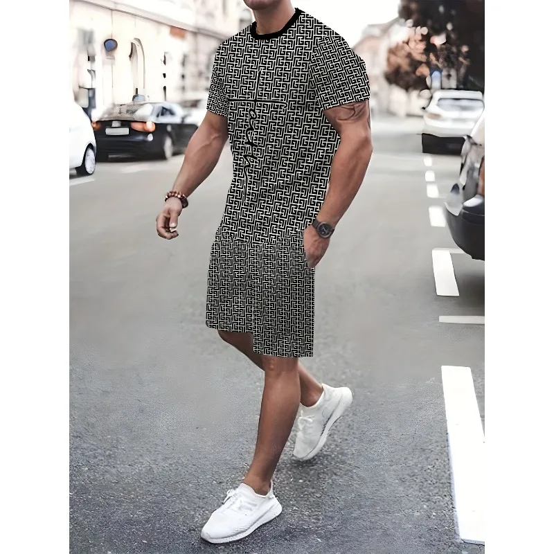 2025 Summer Men's Daily Leisure Sports Street Travel Personalized 3D Printed Round Neck Short Sleeved T-shirt Shorts Set