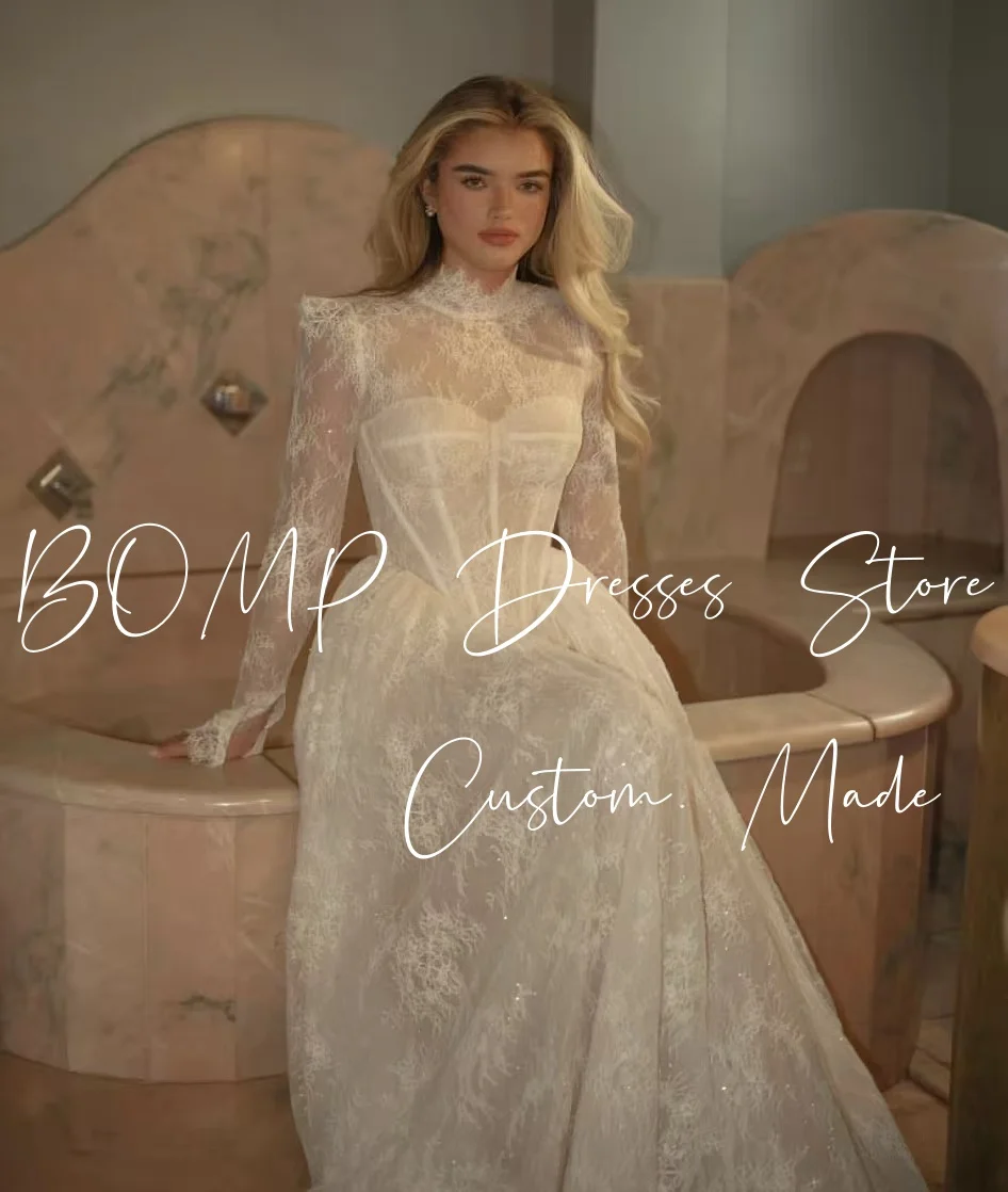 BOMP-Vestido de novia de lujo con cuentas de encaje de color marfil, Vestido de fiesta de boda con cuello alto y mangas completas, Vestido de novia personalizado