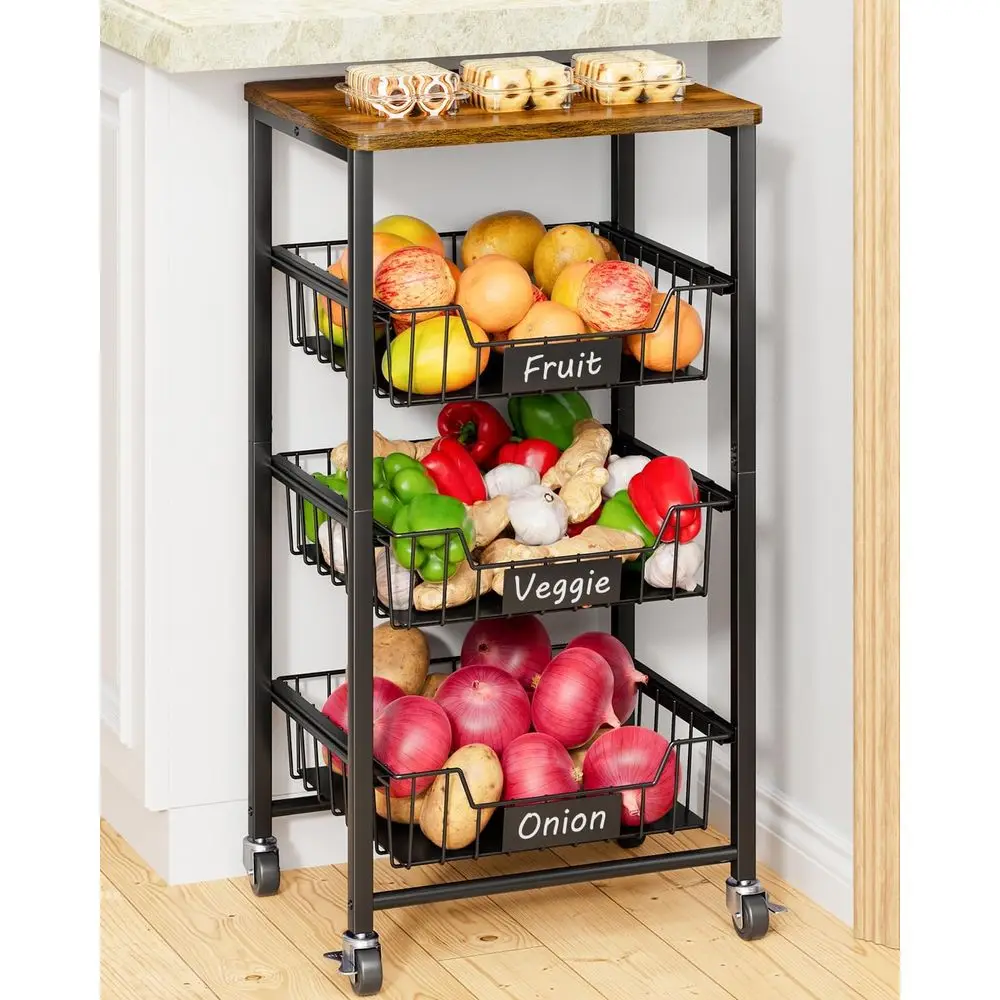

4-Tier Rolling Kitchen Cart with Wooden Top and Drawer Baskets for Vegetables, Fruits, and Snacks Storage in Black