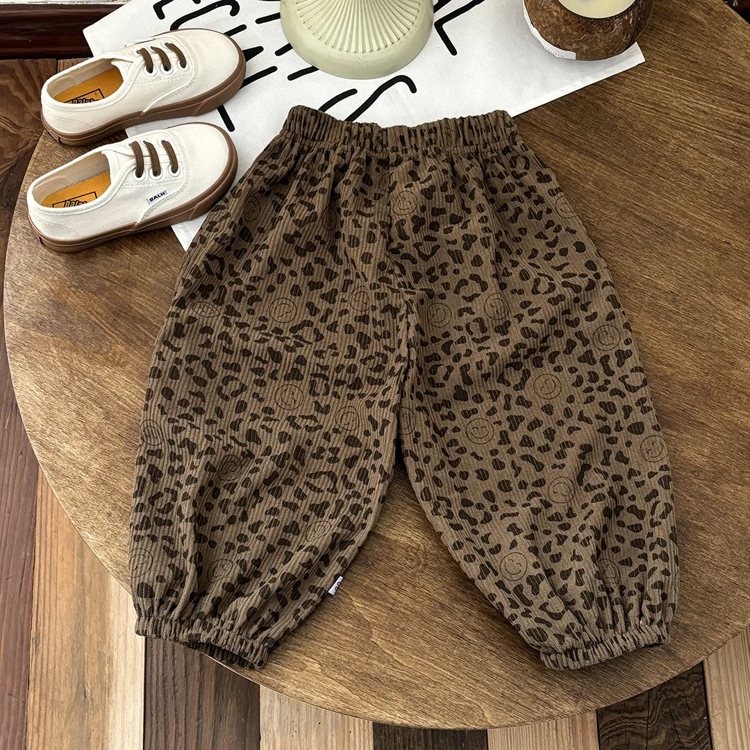 Baby Girls Leopard Pants Kids Full Printed Pant Corduroy Trousers Autumn Children's Clothing Korean Style