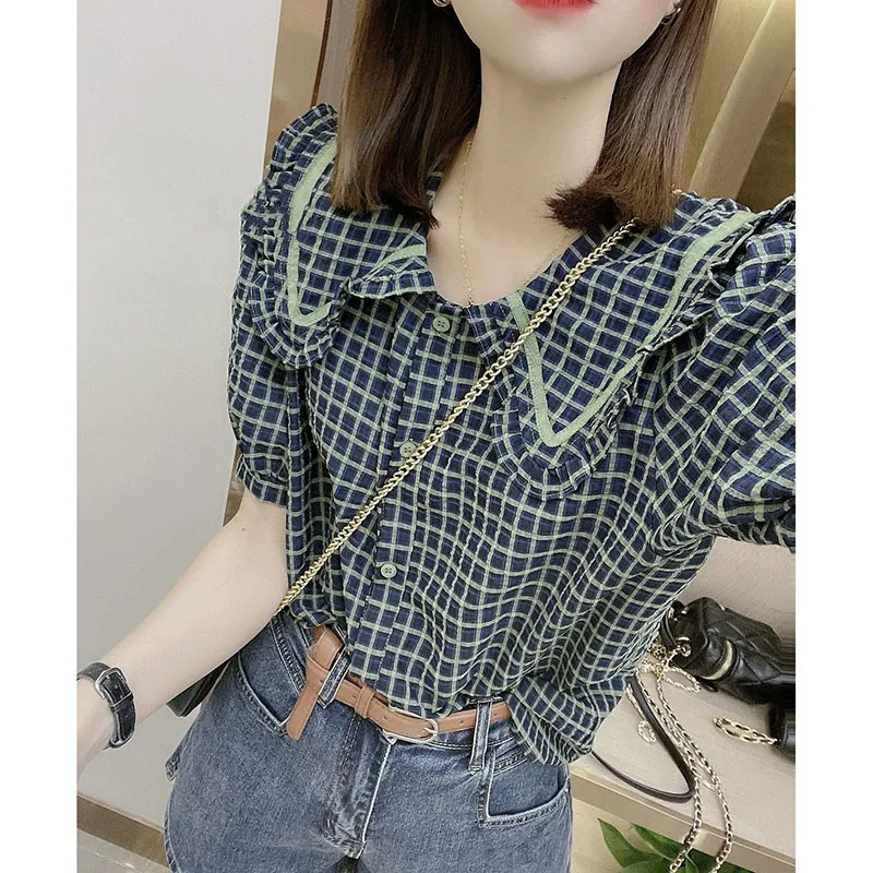 

Vintage Printed Peter Pan Collar Ruffles Puff Sleeve Plaid Shirt Women's Clothing 2023 Summer New Casual Tops Sweet Blouse