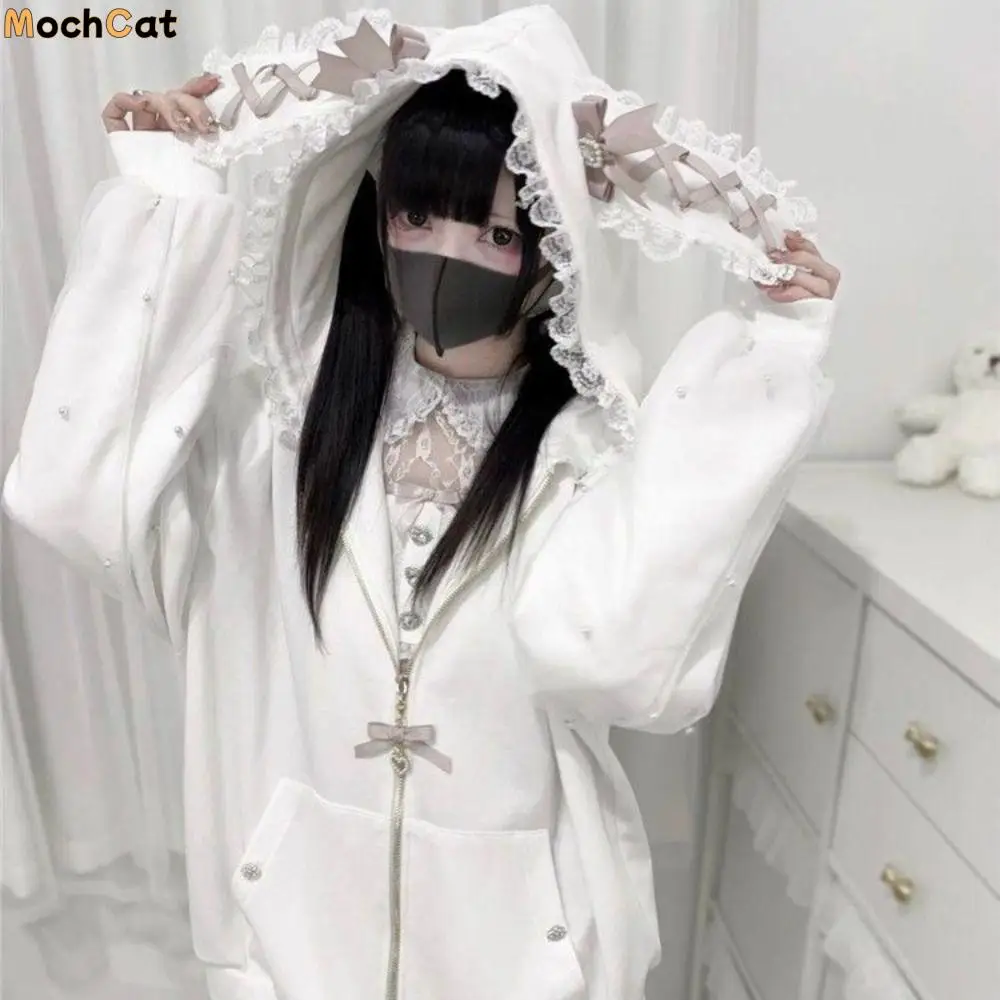 

Толстовка с длинными рукавами и заячьими ушками, толстая теплая толстовка в стиле Лолита JK, кардиганы для женщин Y2K, зима-осень, Kawaii, женская толстовка с заячьими ушками