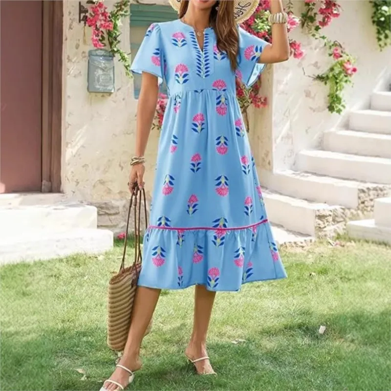 

Новое летнее женское платье с цветочным принтом, модное, с V-образным вырезом, свободного кроя, с короткими рукавами, А-силуэт, для отпуска, комфортное