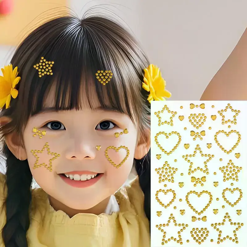 1 feuille d'autocollants en strass colorés autocollants pour le visage, avec motif cœur et étoile, pour enfants, fête, festival, maquillage, cosplay