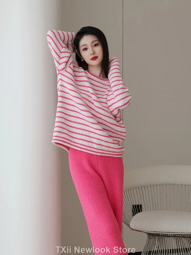 TXii Autumn and Winter Pajamas Women\'s Coral Fleece-Lined Thickened Warm Striped Internet Popular Outfit Home Clothes Suit