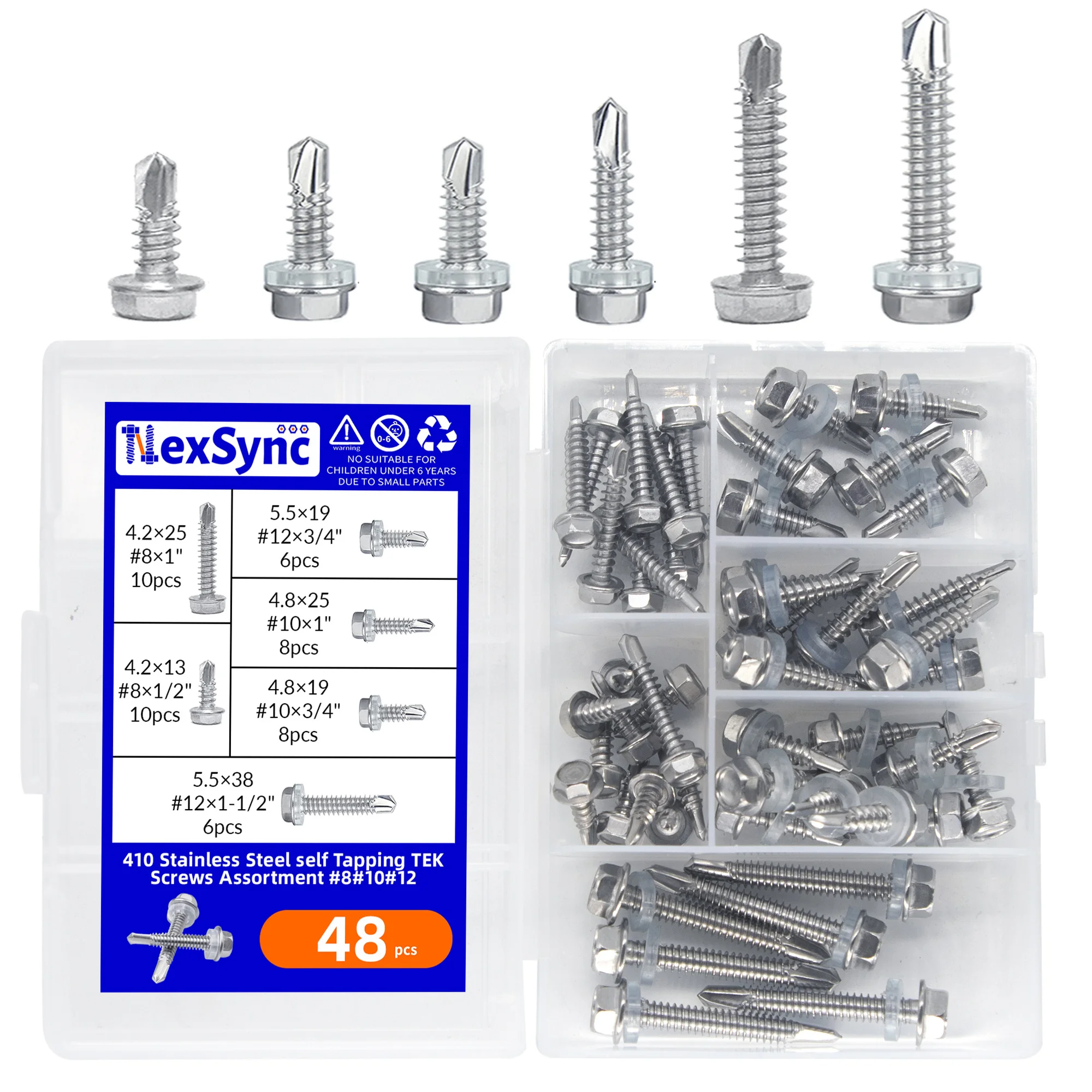 48Pcs 410 Stainless Steel Self Drilling TEK Screws Assortment #8#10#12, Self Tapping Screws for Metal Roofing, Sheet Metal