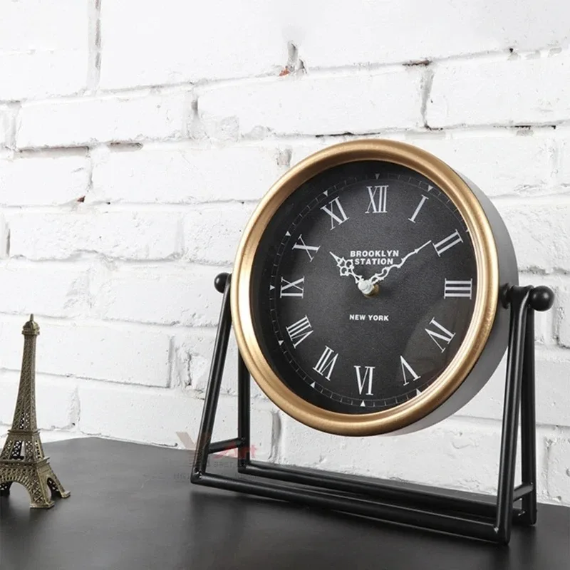 Silent Non-Ticking Vintage Table Clock, American Retro Desk Clock with Roman Numerals, Metal Frame for, Bedroom, Office Decro