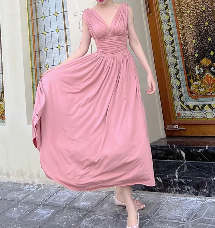 Abito elegante rosa per donna abito estivo senza maniche Vintage con scollo a v abbigliamento donna pieghe verdi Party Vestido