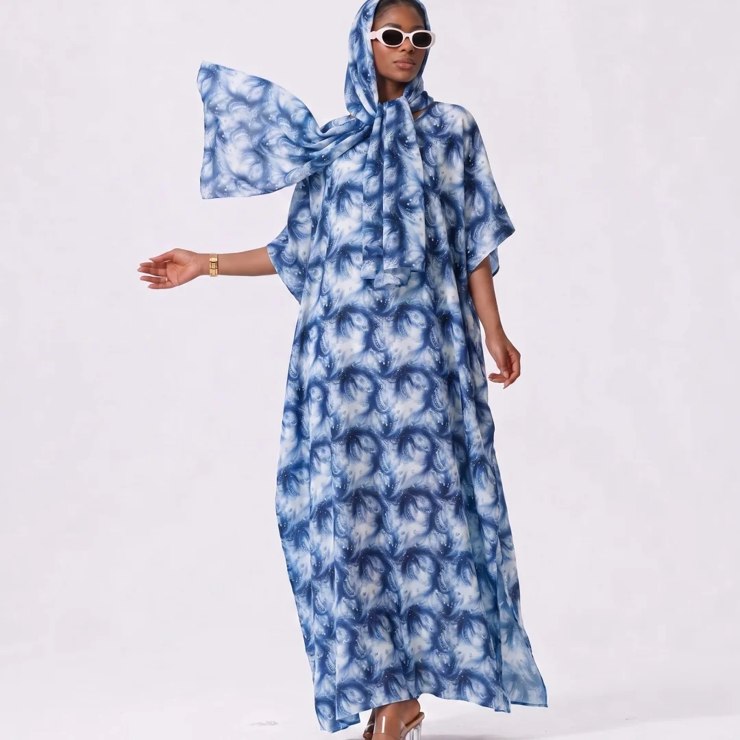 Women Grey Marble Ginkgo Print Abaya Set With Matching Hijab Short Sleeve Loose Side Split Kaftan Muslim Ladies Daily Modest