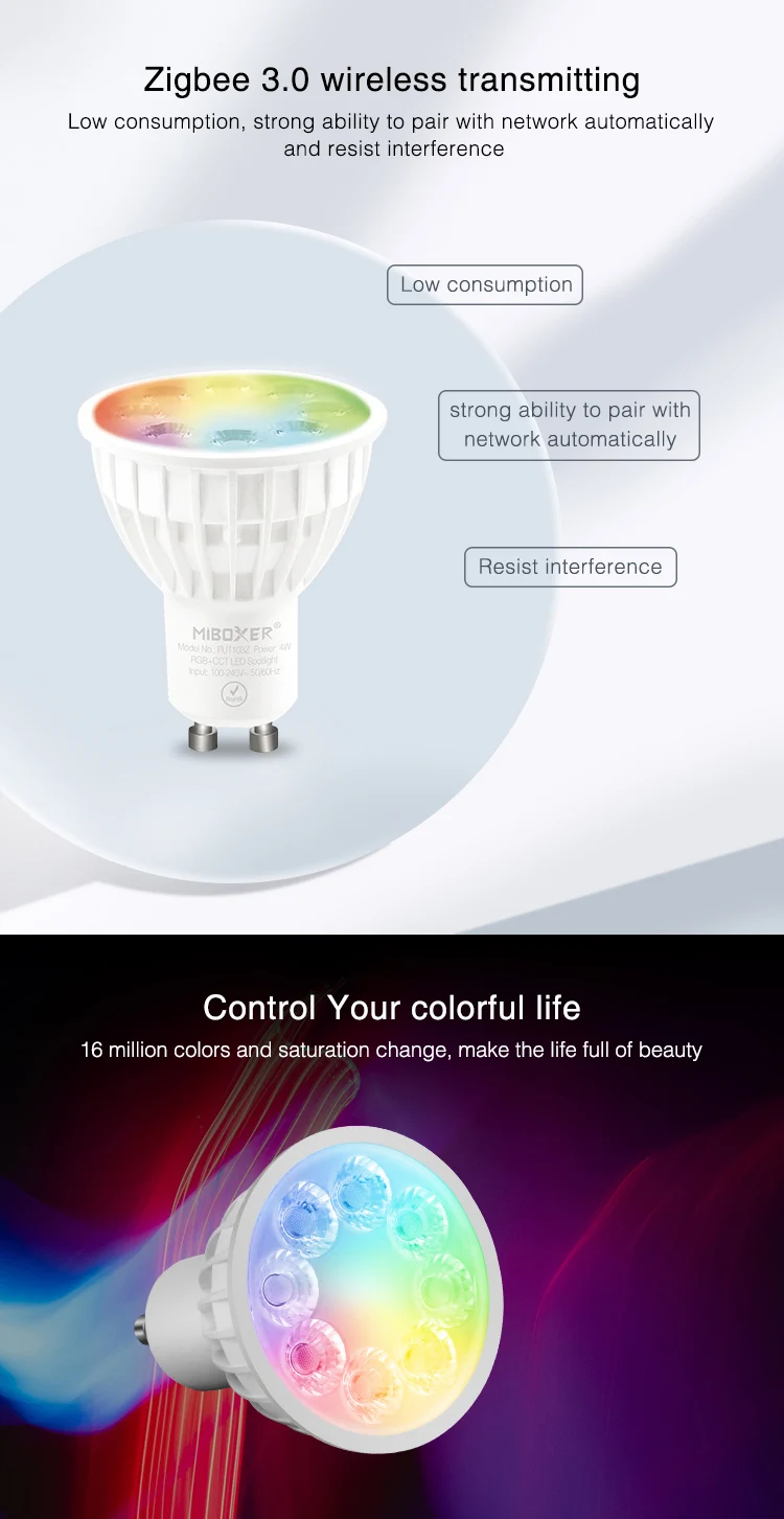 Miboxer Zigbee RGB+CCT LED Bulb Light 4W/6W/12W GU10 E27 Smart Dimmable Spotlight Lamp FUT089Z RF Remote WIFI ZB-Box2 ZB-Box3