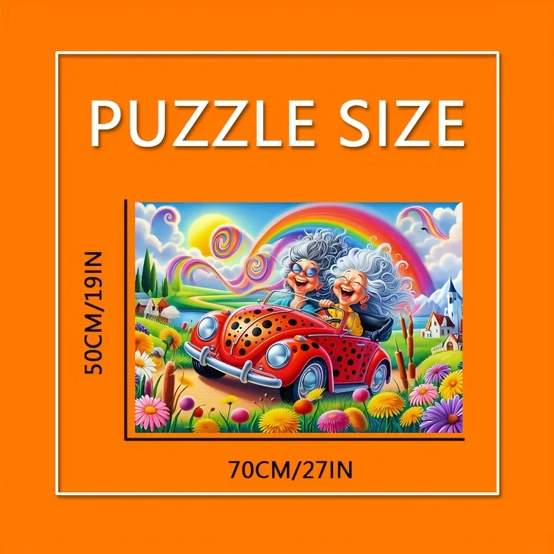 จิ๊กซอว์ 1000 ชิ้น ฉากพี่น้องน้องสาวขับรถ - รถสีแดงสดใสพร้อมผู้สูงอายุและดอกไม้หลากสีสัน แบบไม่มีกรอบ สำหรับคนรักงาน DIY