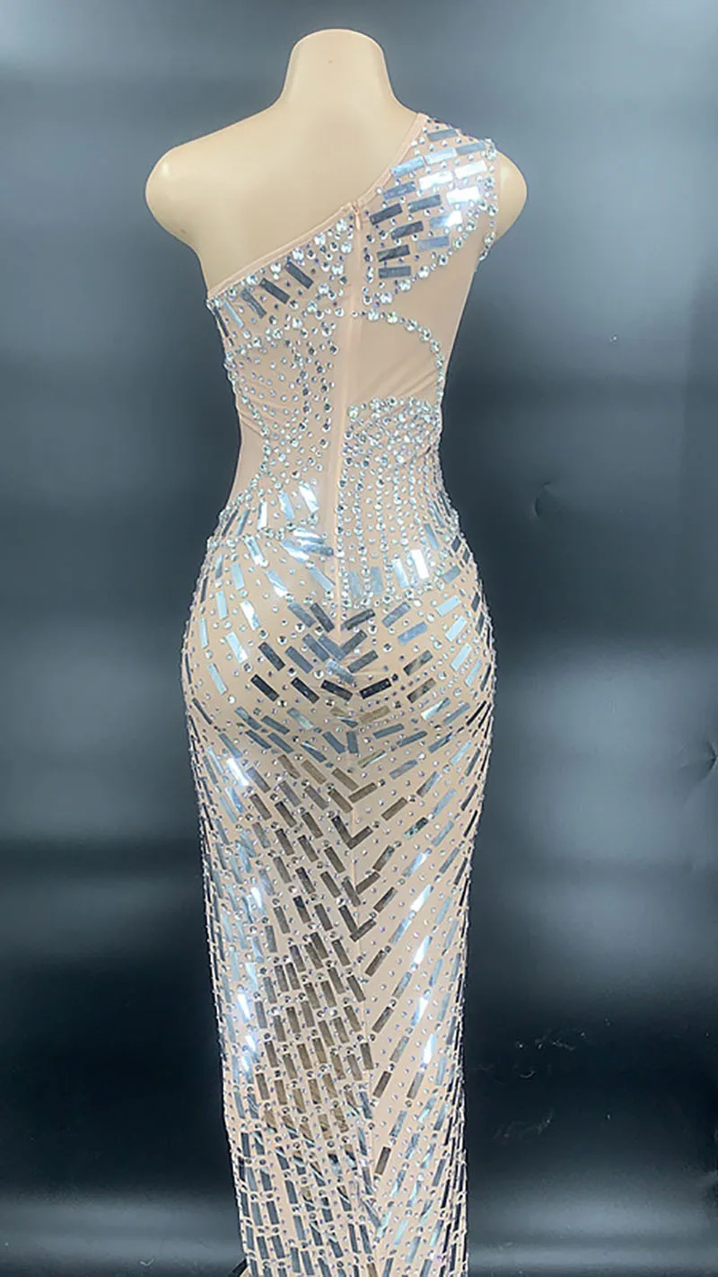 Customized New Sexy Lace Transparent Diamond Pearl Sequins  Water Diamond Wrap Hip Dress Party Dress Performance Dress