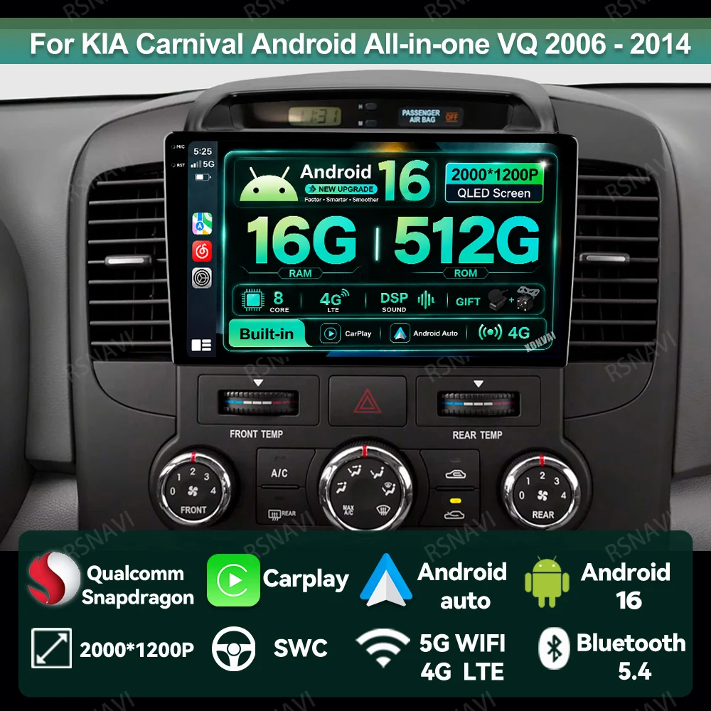 Car Radio Android 16 For KIA Carnival Android All-in-one VQ 2006 - 2014 Vevor But Pluk Golf Mk7 Parkside H7 Led Lights Dash Cam