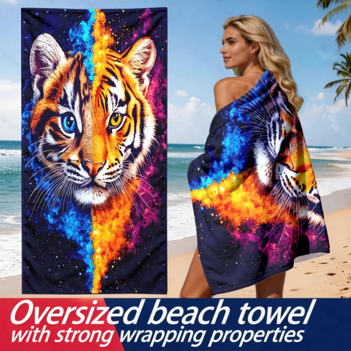 Ice and Fire Tiger Theme polyester microfiber beach towel is highly absorbent, suitable for swimming and beach outings