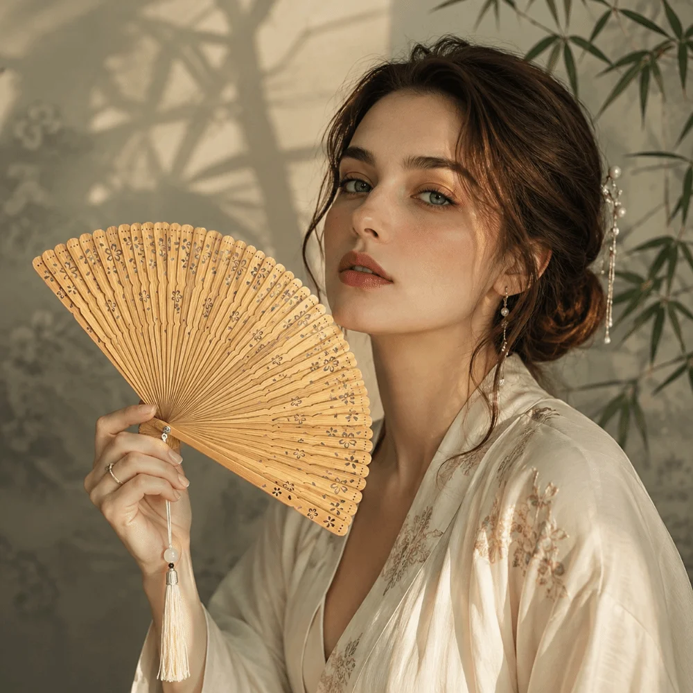 Sakura Folding Bamboo Fan Portable Solid Color Elegant Handheld Fans Exquisite Retro Tassel Folding Fan Hanfu Accessories