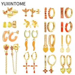 925 Sterling Silver Ear Needle Luxury Orange/Yellow Zircon Hoop Earrings for Women Enamel Pendant Gold Earrings Fashion Jewelry